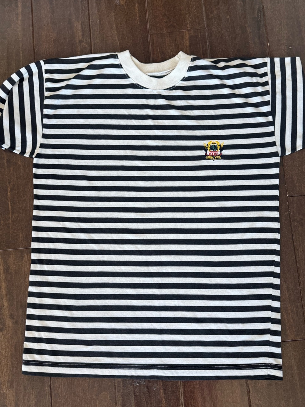 Striped Navy & White Crew Neck Tee with Crest Patch